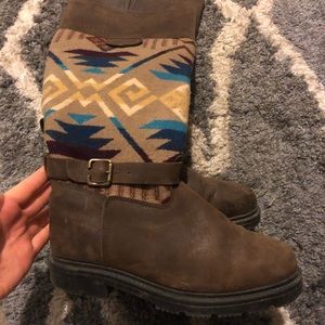 Paul Brodie brown leather knee high boots with wool design